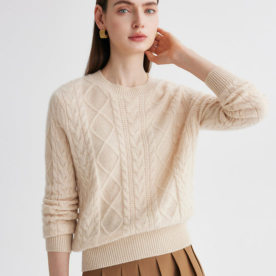 COMOBOCA 100% Cashmere Women's Cable Round Neck Knit Sweater