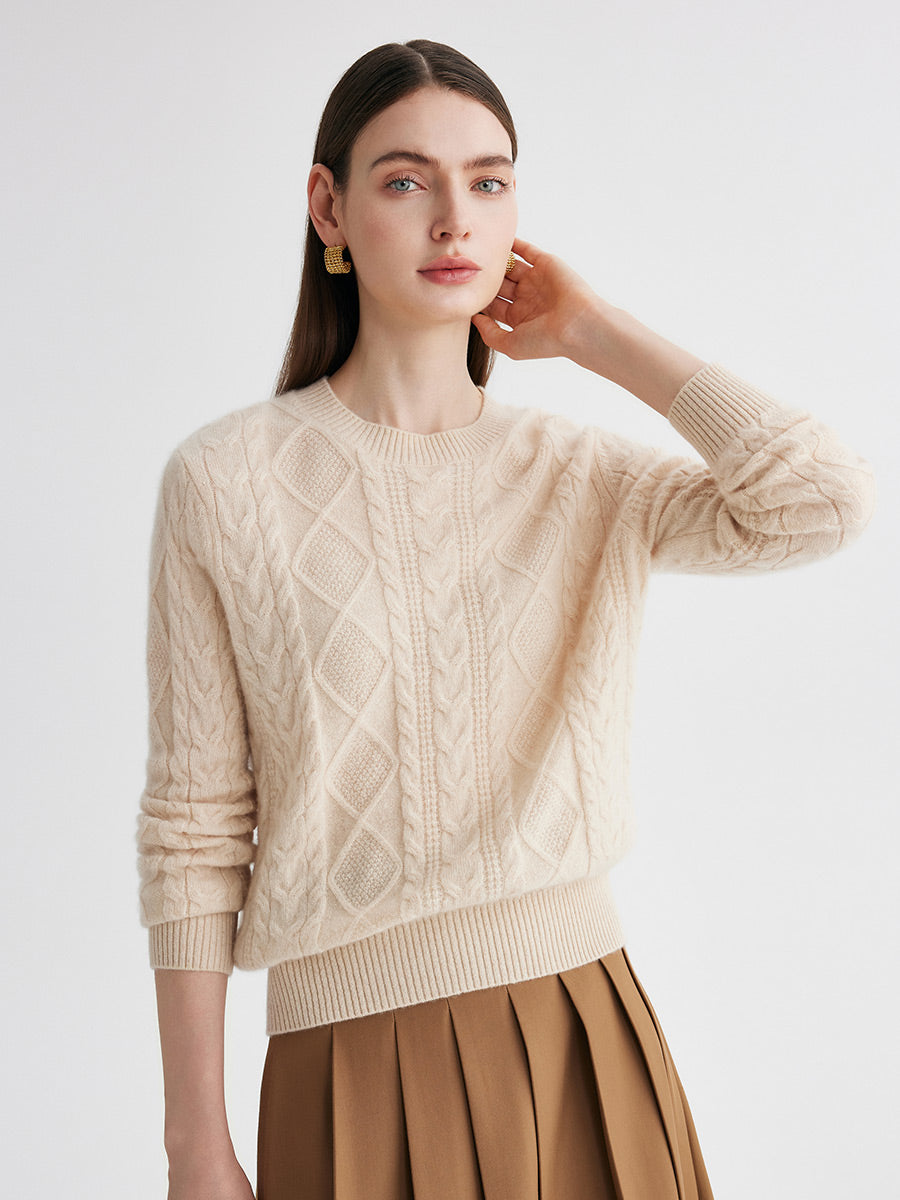 COMOBOCA 100% Cashmere Women's Cable Round Neck Knit Sweater