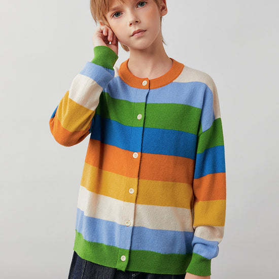 COMOBOCA 100% Wool Kids' Colorful Striped Round Neck Cardigan