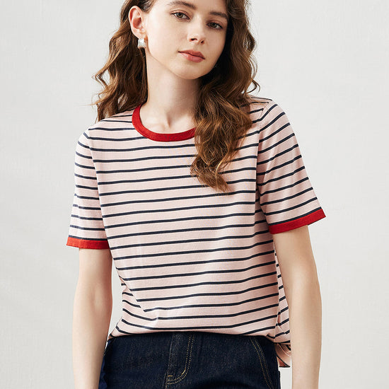 COMOBOCA Charcoal Women's Striped Ribbed Contrast Trim T-Shirt