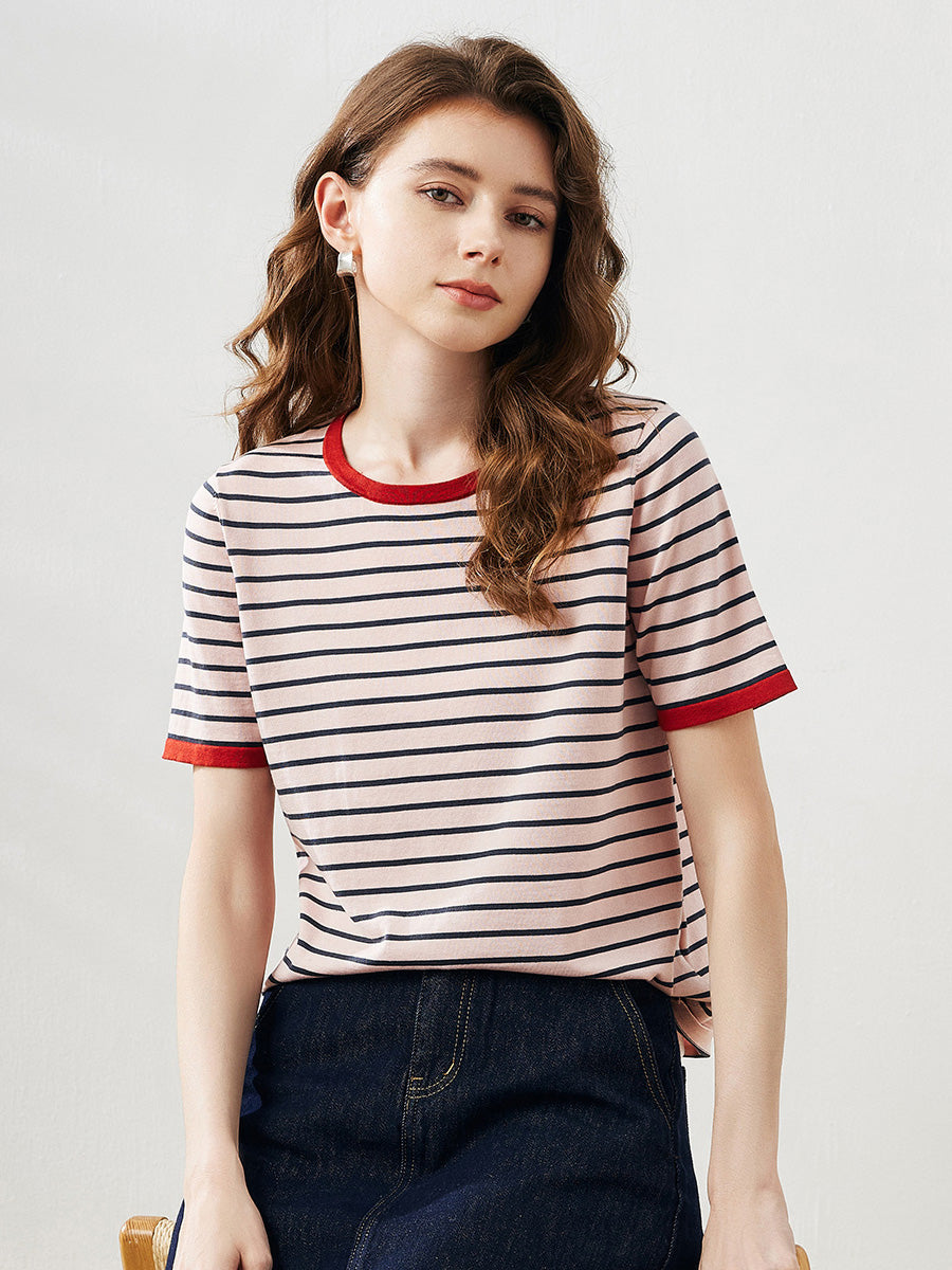 COMOBOCA Charcoal Women's Striped Ribbed Contrast Trim T-Shirt