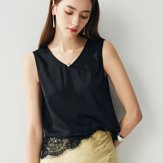COMOBOCA Black Women's Chic Lace-Trimmed V-Neck Tank Top