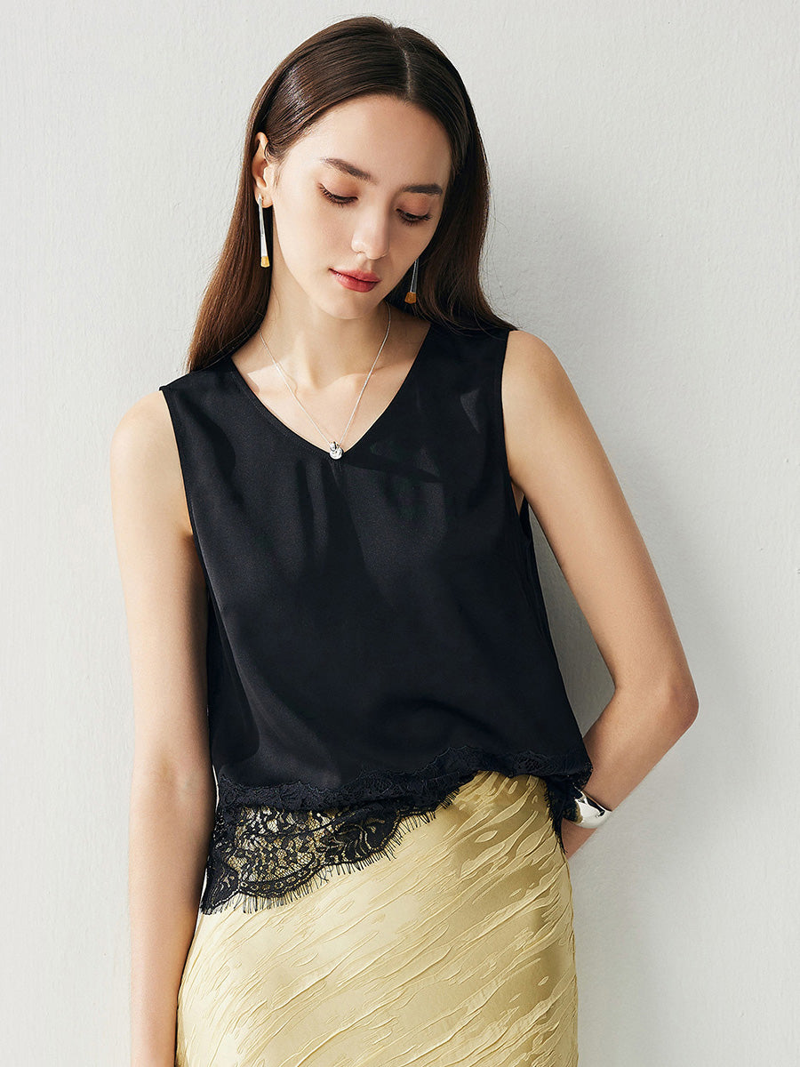 COMOBOCA Black Women's Chic Lace-Trimmed V-Neck Tank Top