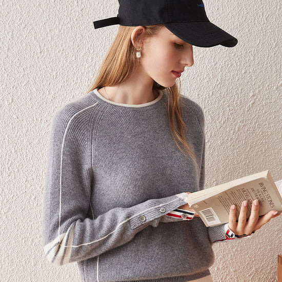 COMOBOCA Gray 100% Cashmere Women's Striped Sleeve Round Neck Sweater