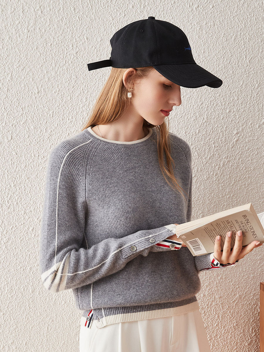 COMOBOCA Gray 100% Cashmere Women's Striped Sleeve Round Neck Sweater