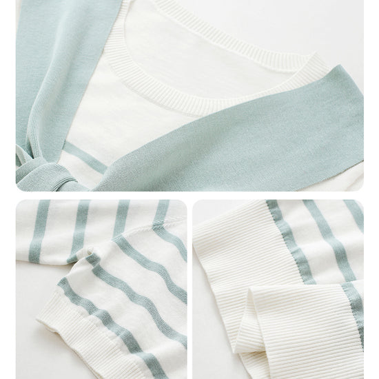 COMOBOCA Women's Striped Knit T-Shirt with Attached Shawl