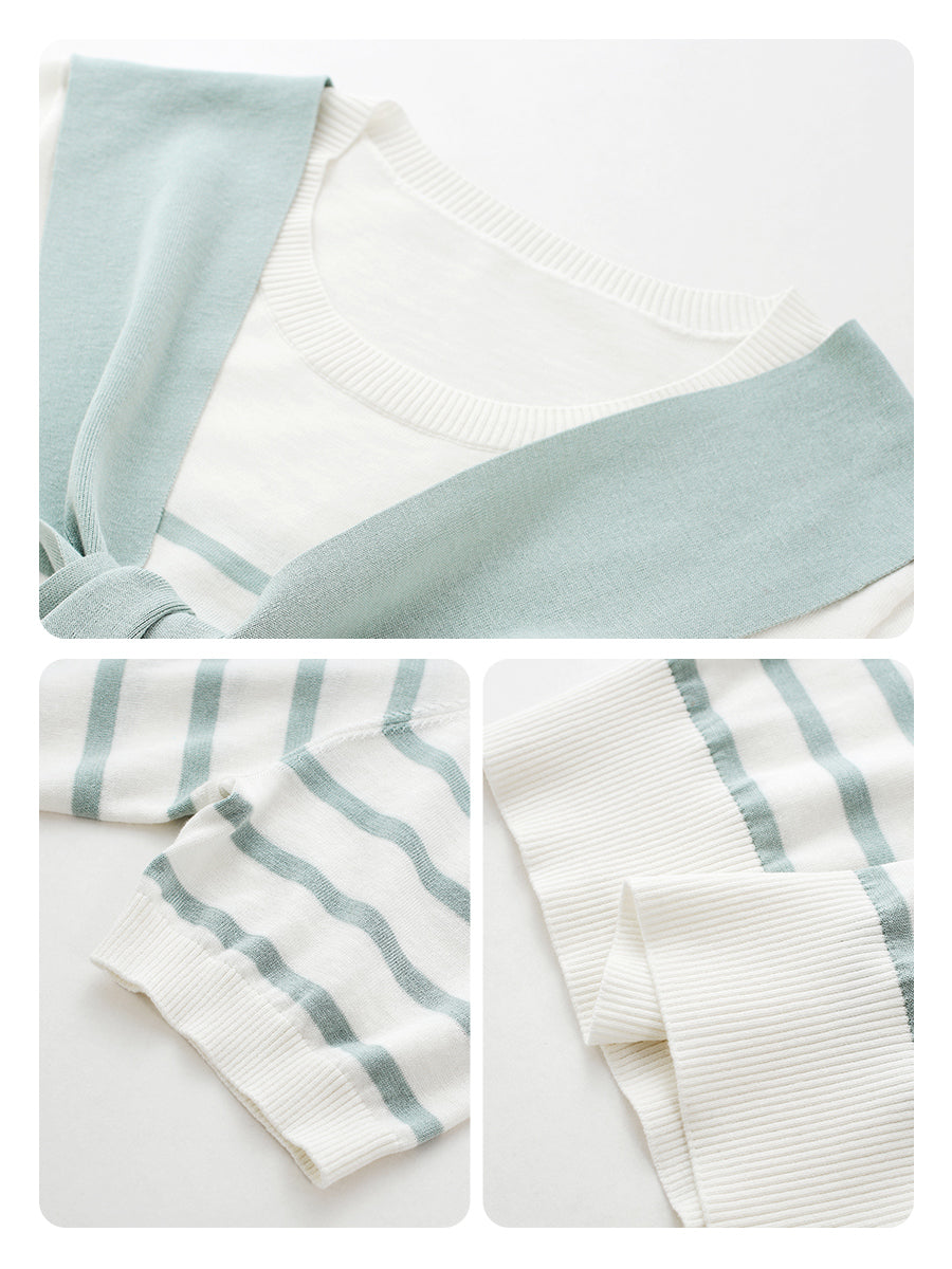 COMOBOCA Women's Striped Knit T-Shirt with Attached Shawl