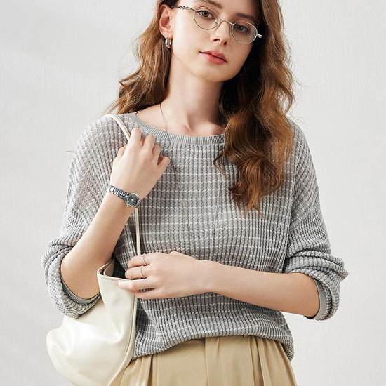 COMOBOCA Light Gray Women's Striped Knit Pullover Sweater