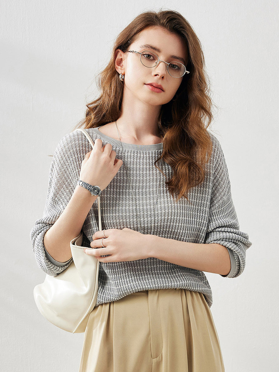 COMOBOCA Light Gray Women's Striped Knit Pullover Sweater