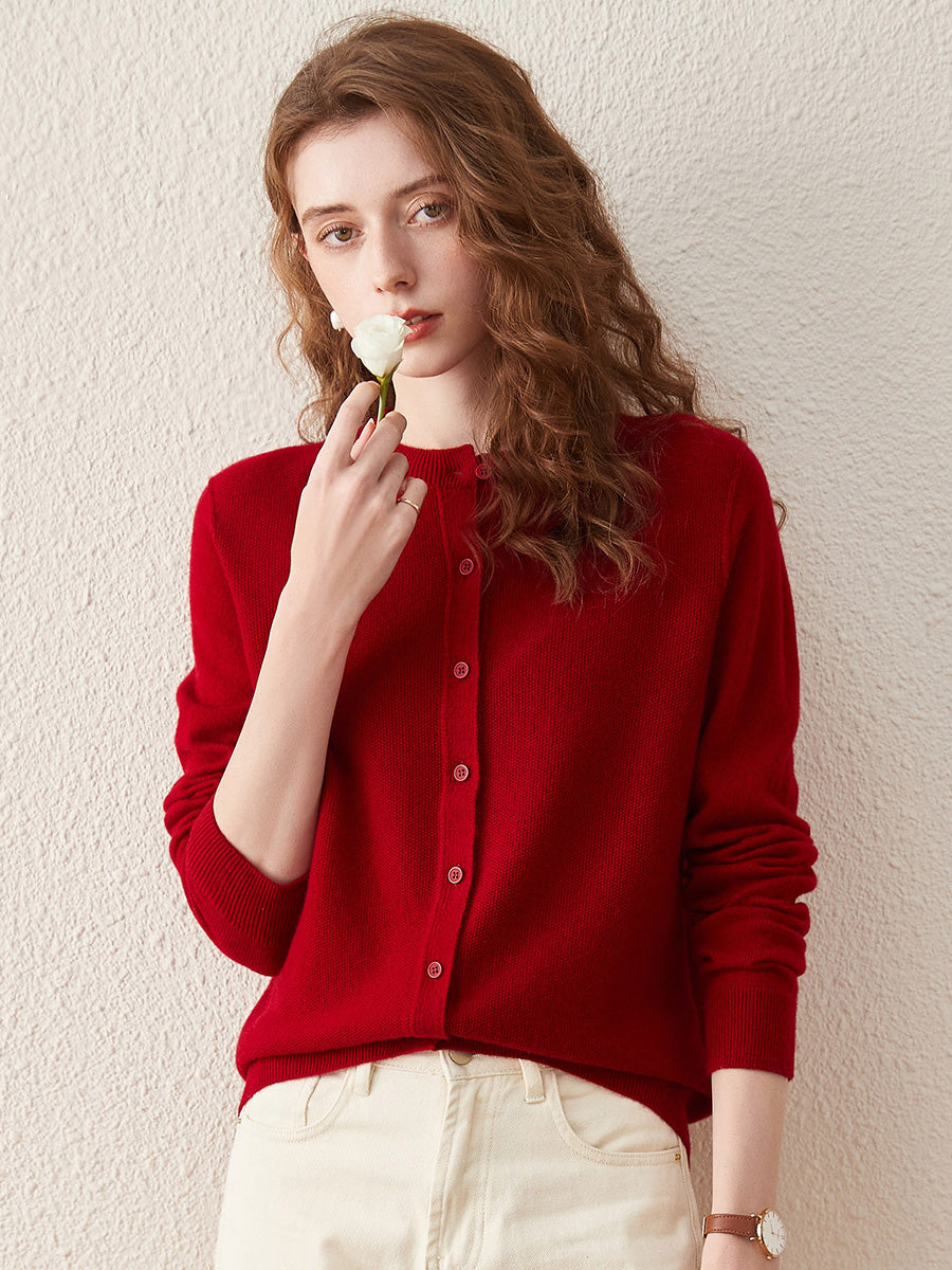 COMOBOCA RED 100% Wool Women's Round Neck Knit Cardigan