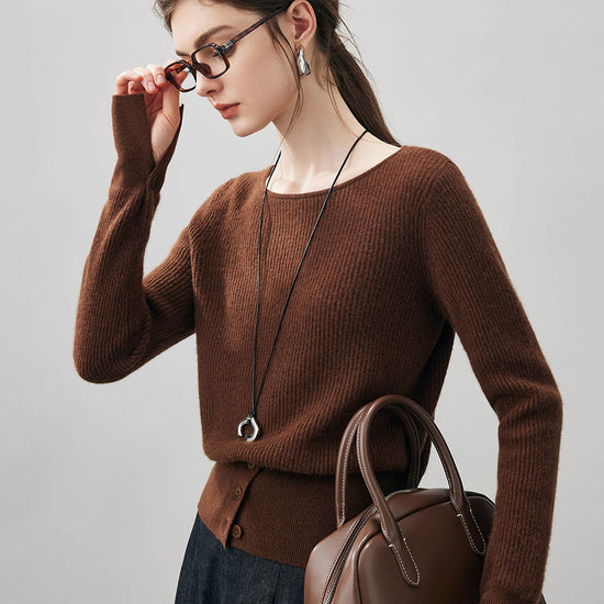 COMOBOCA 100% Cashmere Women's Round Neck Button Ribbed Knit Sweater