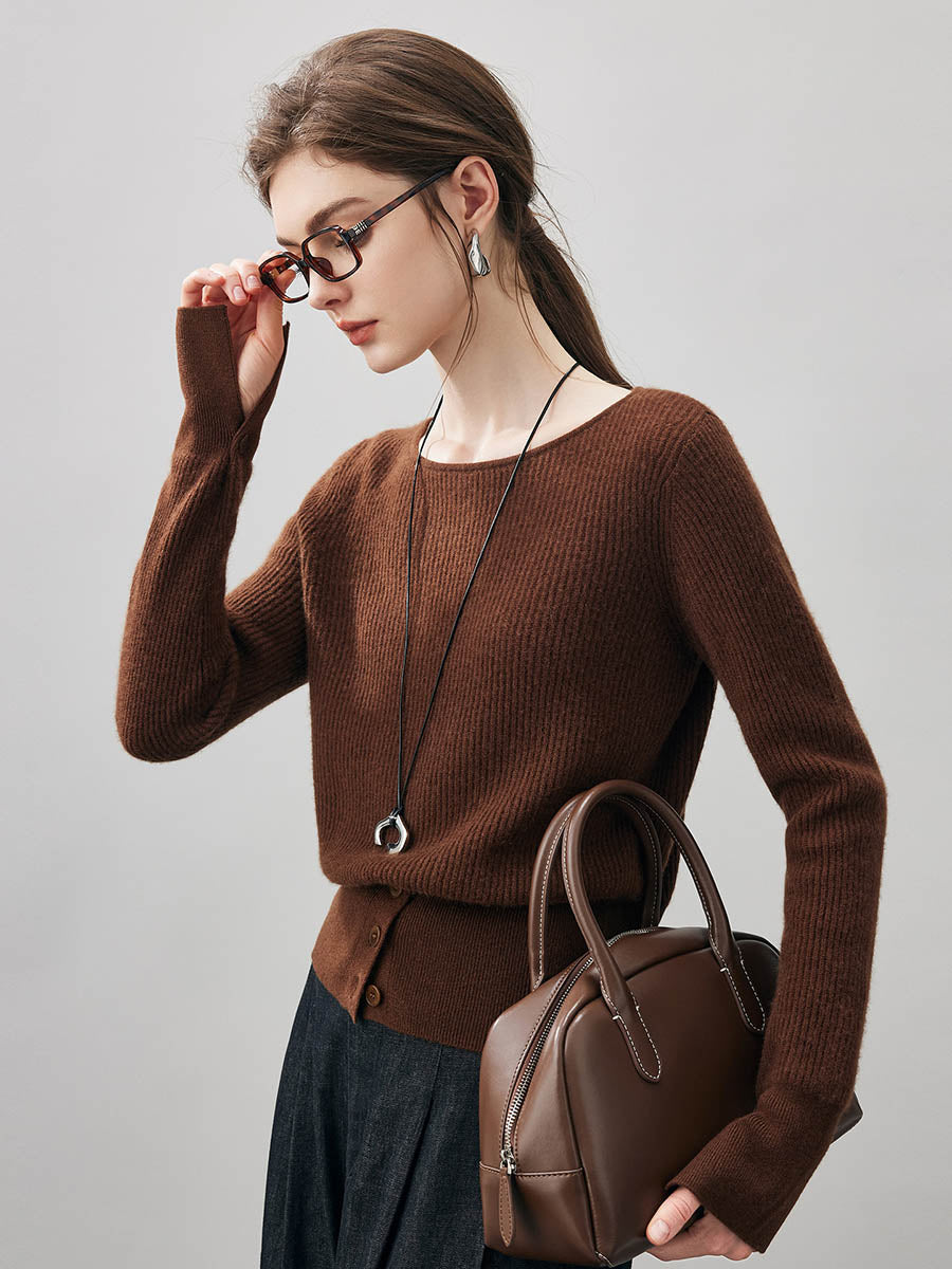 COMOBOCA 100% Cashmere Women's Round Neck Button Ribbed Knit Sweater