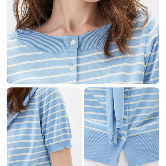 COMOBOCA Women's Striped Short Sleeve Knit Cardigan