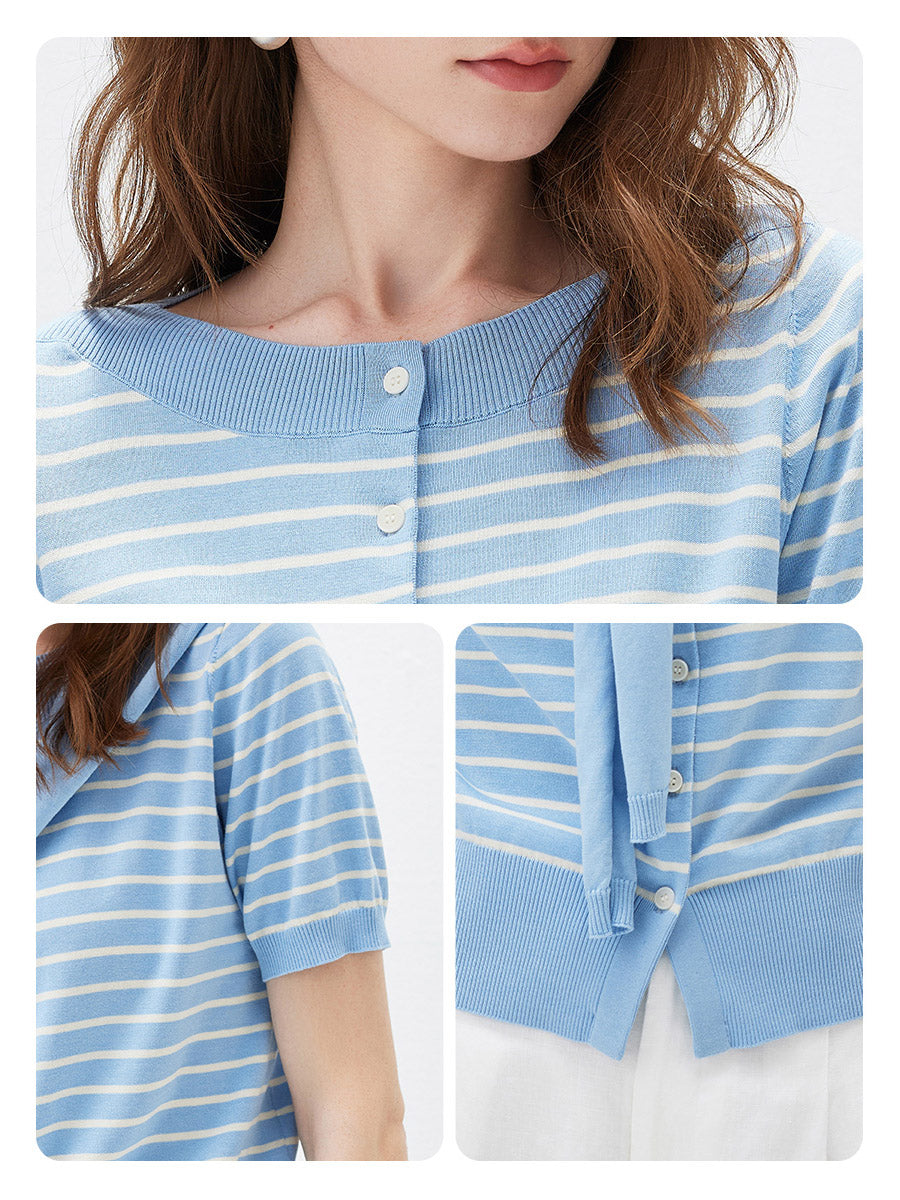 COMOBOCA Women's Striped Short Sleeve Knit Cardigan