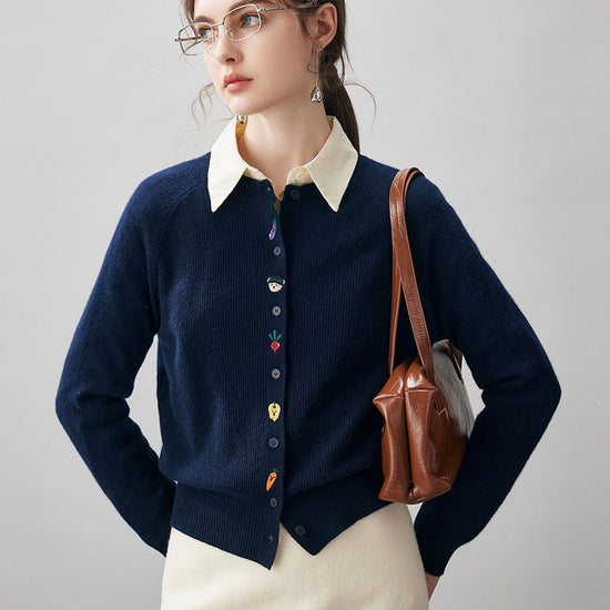 COMOBOCA Navy Blue 100% Cashmere Women's Embroidered Button-Front Cardigan