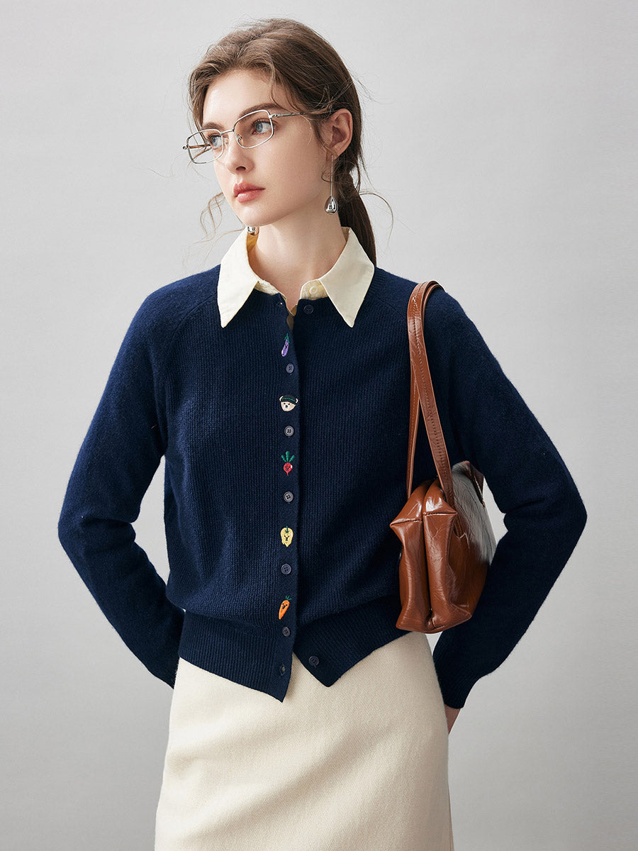 COMOBOCA Navy Blue 100% Cashmere Women's Embroidered Button-Front Cardigan