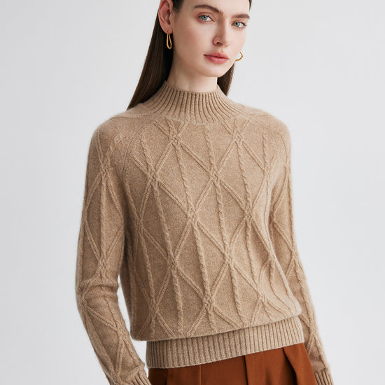 COMOBOCA 100% Cashmere Women's Cable Knit Mock Neck Sweater