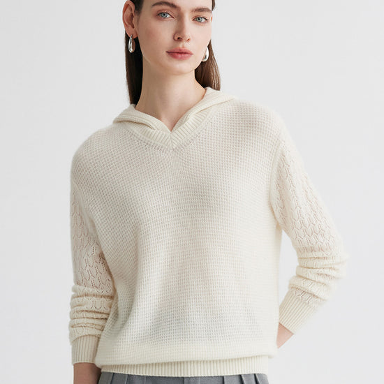 COMOBOCA Beige 100% Cashmere Women's Ribbed Knit Hoodie