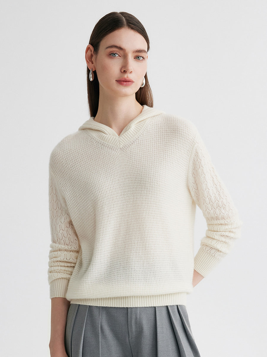 COMOBOCA Beige 100% Cashmere Women's Ribbed Knit Hoodie