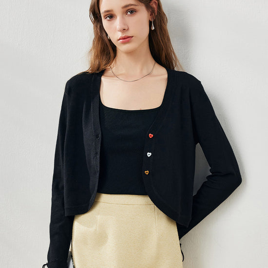 COMOBOCA Black Women's Heart Button Cropped Ruffle Bell Cardigan