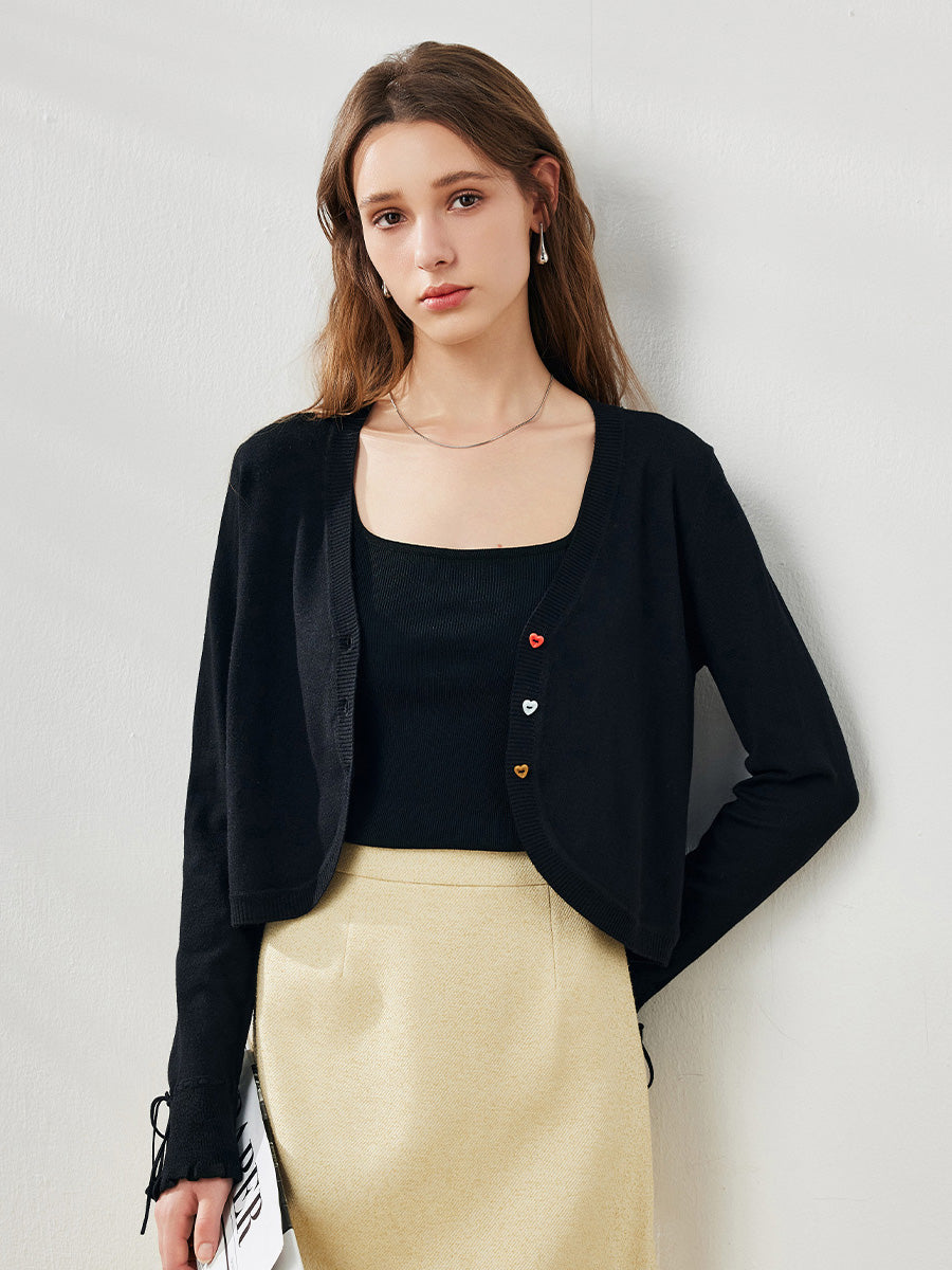 COMOBOCA Black Women's Heart Button Cropped Ruffle Bell Cardigan