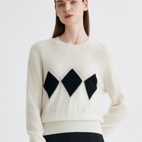 COMOBOCA White 100% Cashmere Women's Argyle Patterned Round Neck Sweater