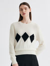 COMOBOCA White 100% Cashmere Women's Argyle Patterned Round Neck Sweater
