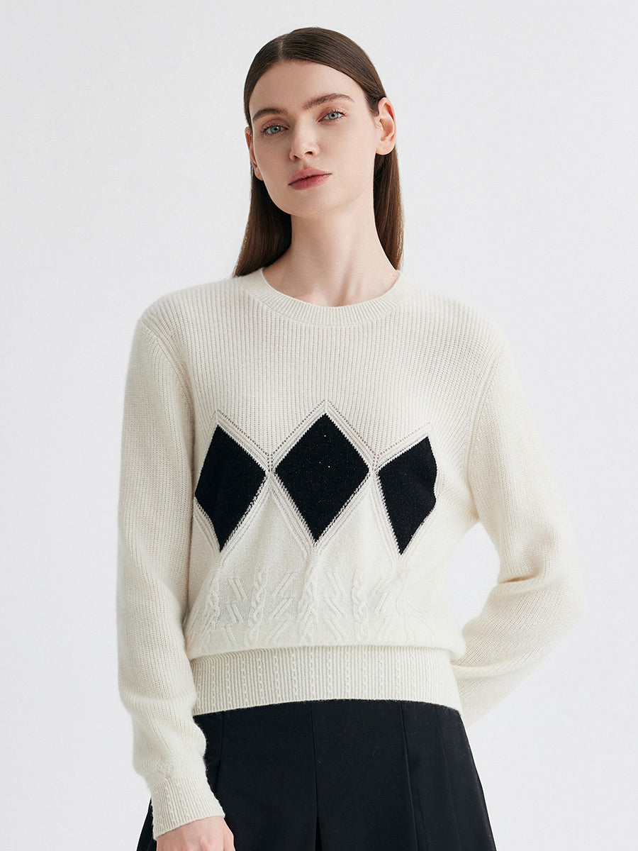 COMOBOCA White 100% Cashmere Women's Argyle Patterned Round Neck Sweater