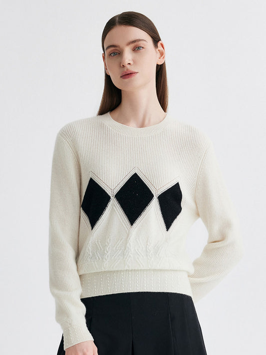 COMOBOCA White 100% Cashmere Women's Argyle Patterned Round Neck Sweater