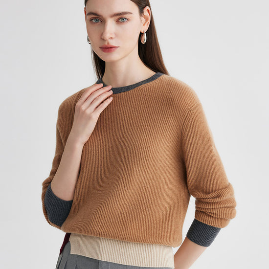 COMOBOCA 100% Cashmere Women's Color Block Ribbed Knit Sweater