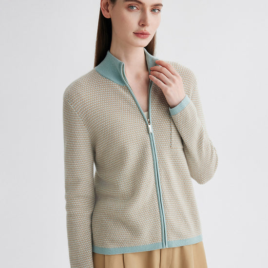 COMOBOCA 100% Cashmere Women's Textured Knit Zip Up Cardigan
