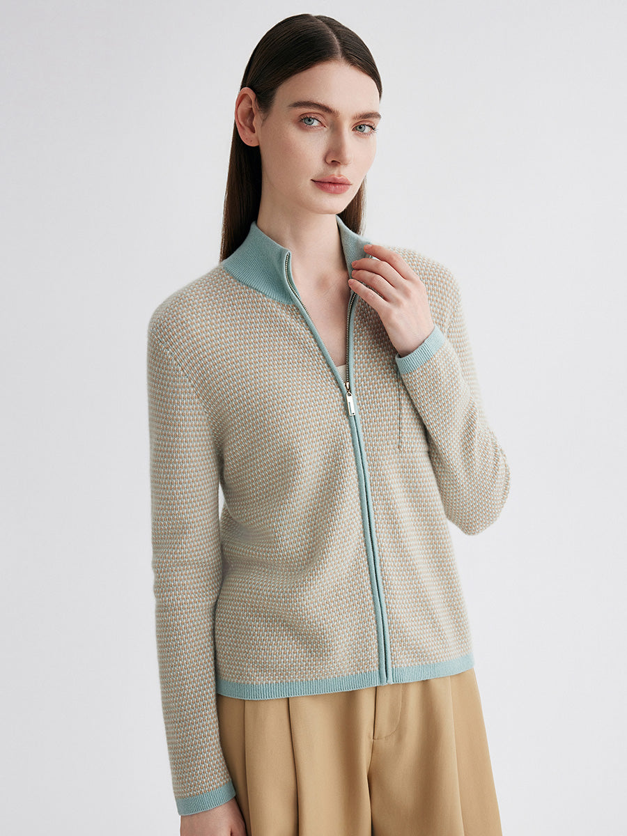 COMOBOCA 100% Cashmere Women's Textured Knit Zip Up Cardigan