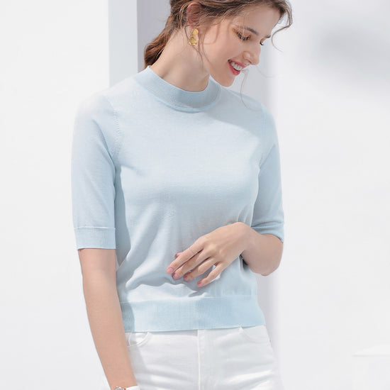 COMOBOCA Women's Short Sleeve Mock Neck Knit Sweater