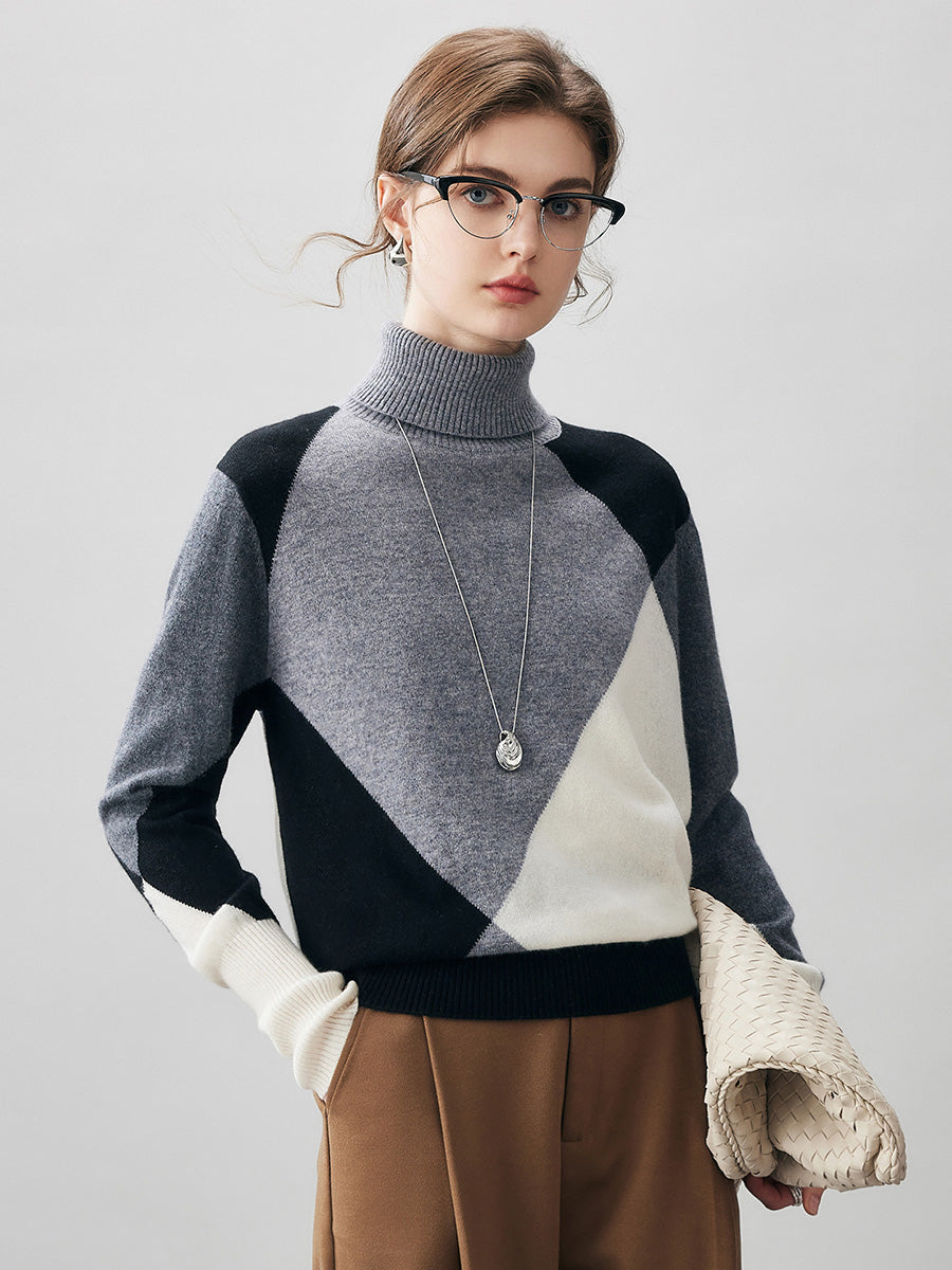 COMOBOCA Black 100% Cashmere Women's Color Block Turtleneck Sweater