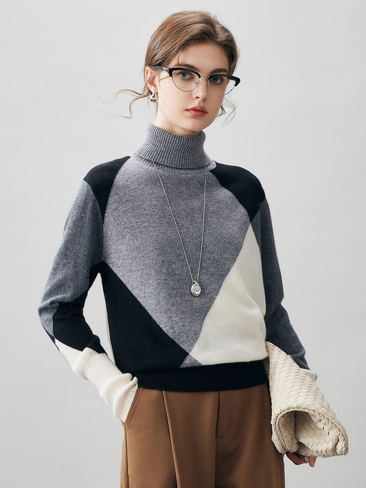 COMOBOCA Black 100% Cashmere Women's Color Block Turtleneck Sweater