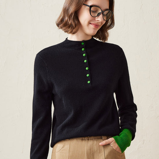 COMOBOCA Black 100% Cashmere Women's Button Down Contrast Cuff Knit Sweater