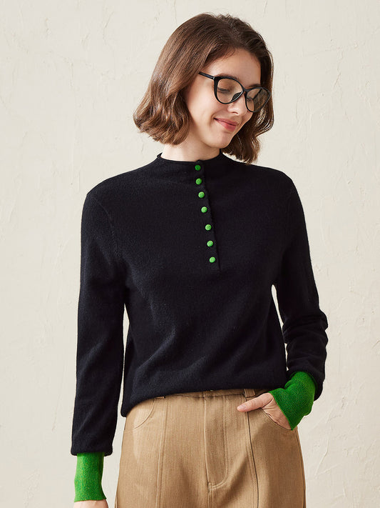 COMOBOCA Black 100% Cashmere Women's Button Down Contrast Cuff Knit Sweater