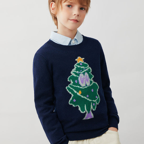COMOBOCA 100% Wool Kids' Christmas Tree Round Neck Sweater