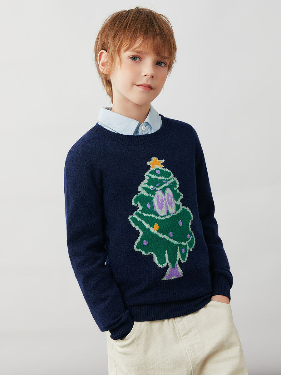 COMOBOCA 100% Wool Kids' Christmas Tree Round Neck Sweater