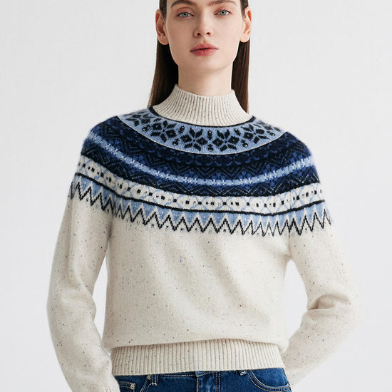 COMOBOCA Navy 100% Cashmere Women's Fair Isle Mock Neck Sweater