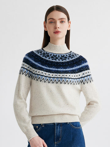 COMOBOCA Navy 100% Cashmere Women's Fair Isle Mock Neck Sweater