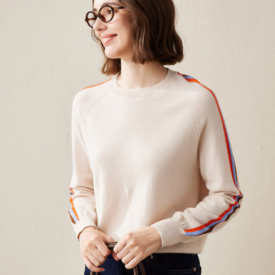 COMOBOCA White 100% Cashmere Women's Colorful Side Stripes Knit Sweater