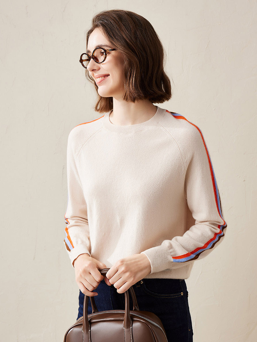 COMOBOCA White 100% Cashmere Women's Colorful Side Stripes Knit Sweater