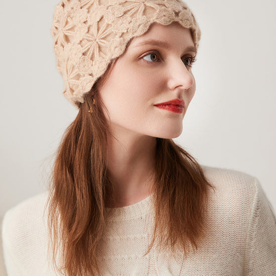 COMOBOCA 100% Cashmere Women's Floral Crochet Knit Beanie
