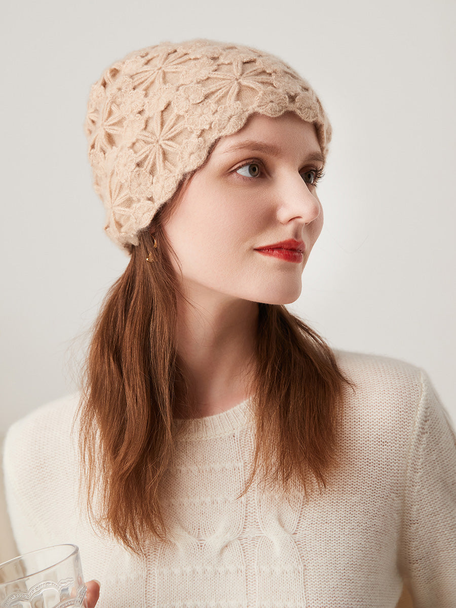 COMOBOCA 100% Cashmere Women's Floral Crochet Knit Beanie