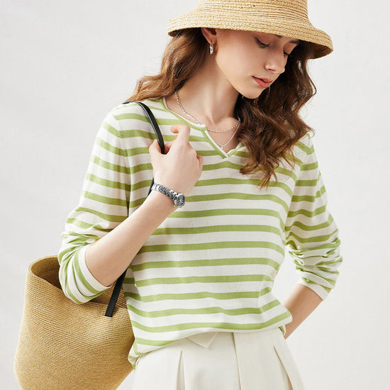 COMOBOCA Green Women's Striped Long Sleeve V-Neck T-Shirt