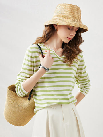 COMOBOCA Green Women's Striped Long Sleeve V-Neck T-Shirt