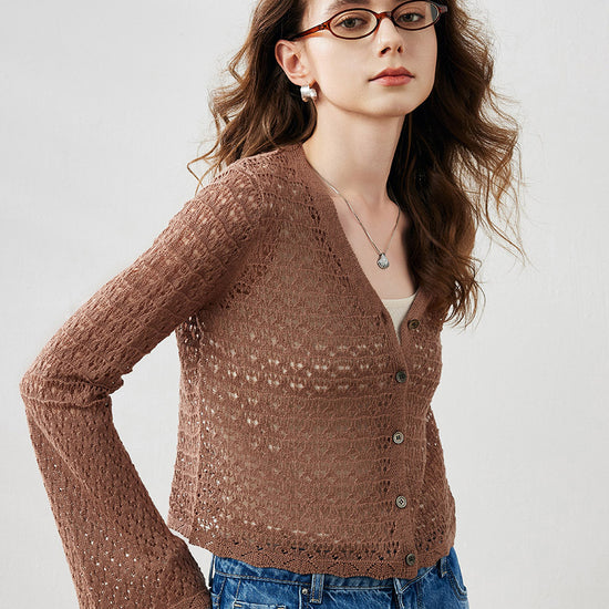 COMOBOCA Women's Bell Sleeve Lace Knit Cardigan