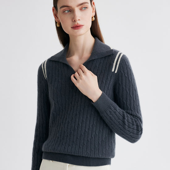 COMOBOCA 100% Cashmere Women's Cable Knit Polo Neck Sweater