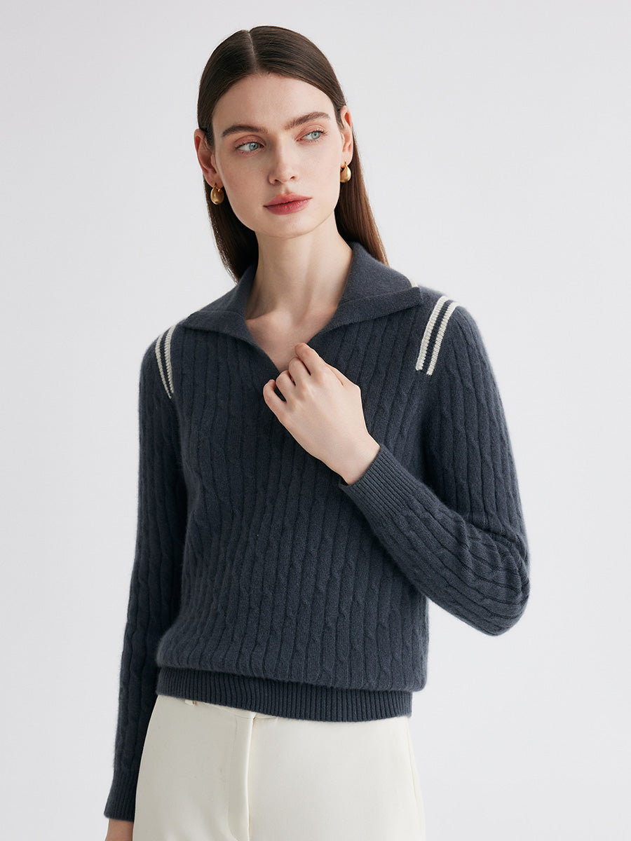 COMOBOCA 100% Cashmere Women's Cable Knit Polo Neck Sweater